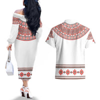 Bulgarian Embroidery Style Seamless Pattern Couples Matching Off The Shoulder Long Sleeve Dress and Hawaiian Shirt