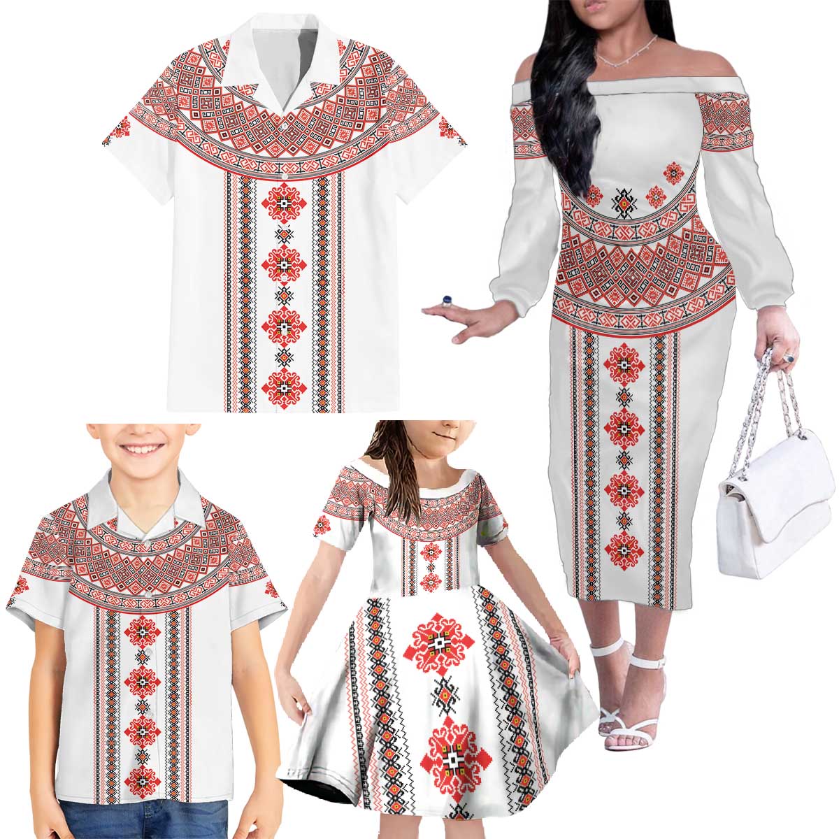 Bulgarian Embroidery Style Seamless Pattern Family Matching Off The Shoulder Long Sleeve Dress and Hawaiian Shirt