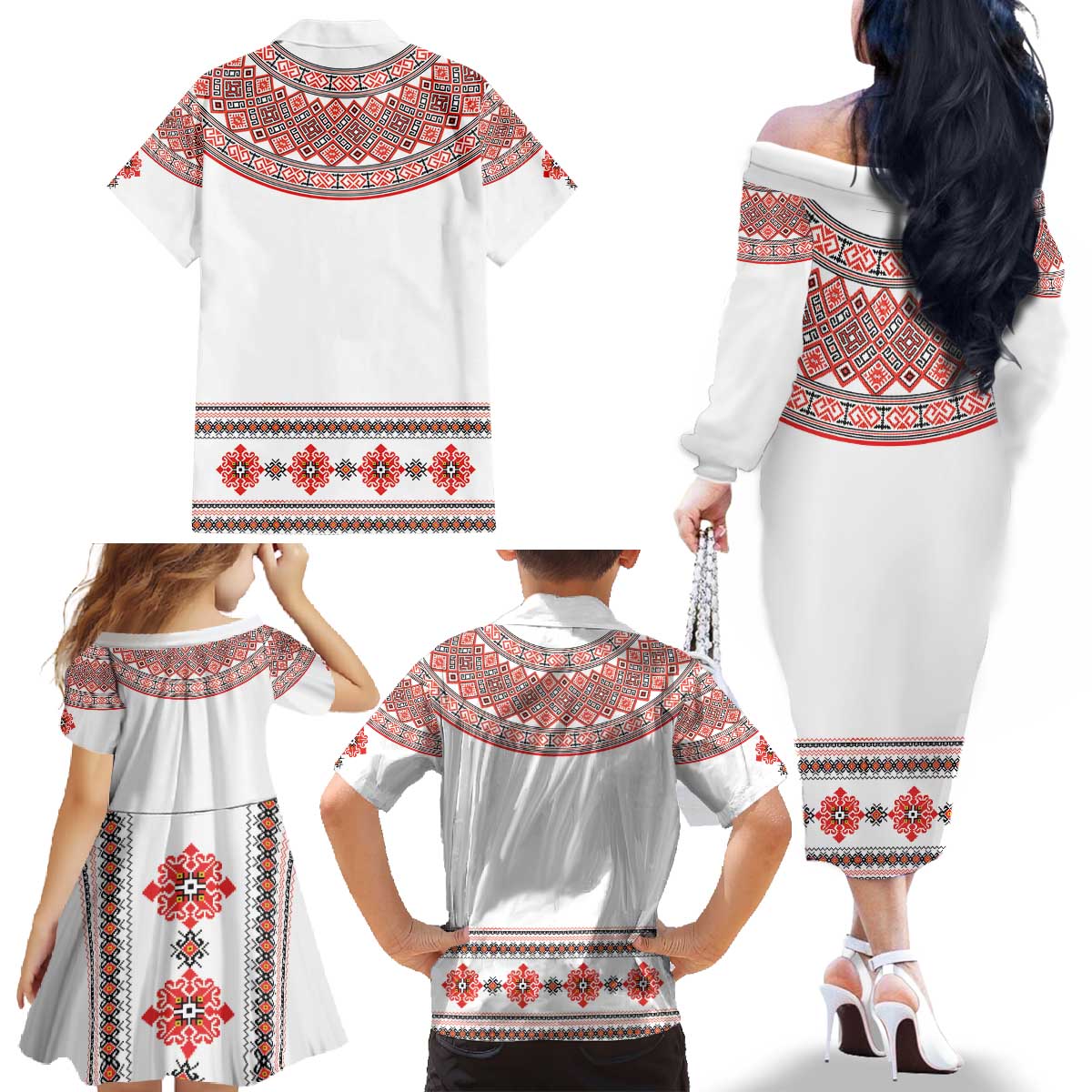 Bulgarian Embroidery Style Seamless Pattern Family Matching Off The Shoulder Long Sleeve Dress and Hawaiian Shirt