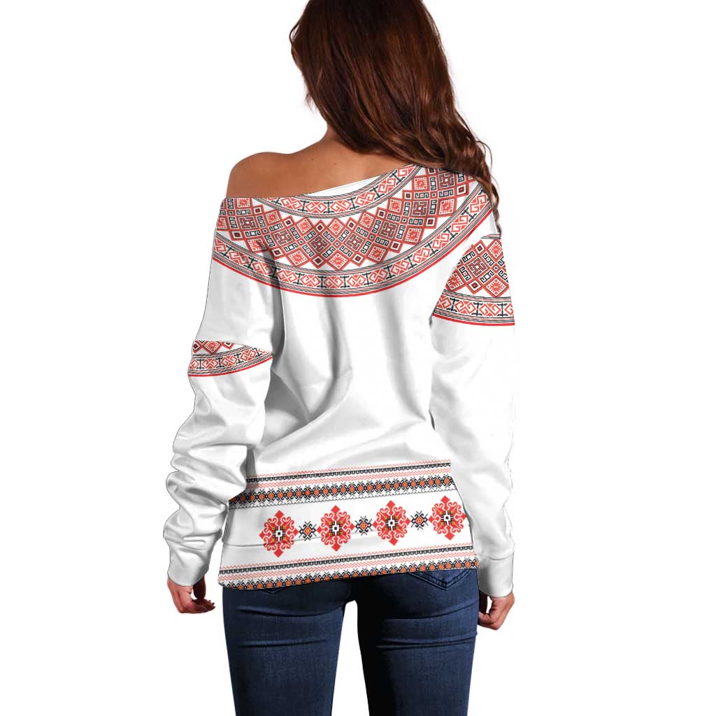 Bulgarian Embroidery Style Seamless Pattern Off Shoulder Sweater