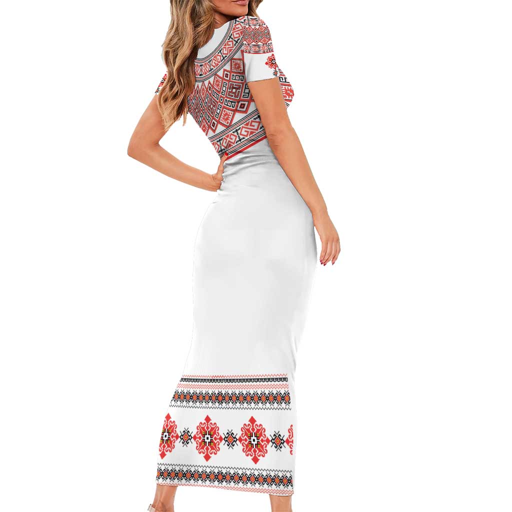 Bulgarian Embroidery Style Seamless Pattern Short Sleeve Bodycon Dress