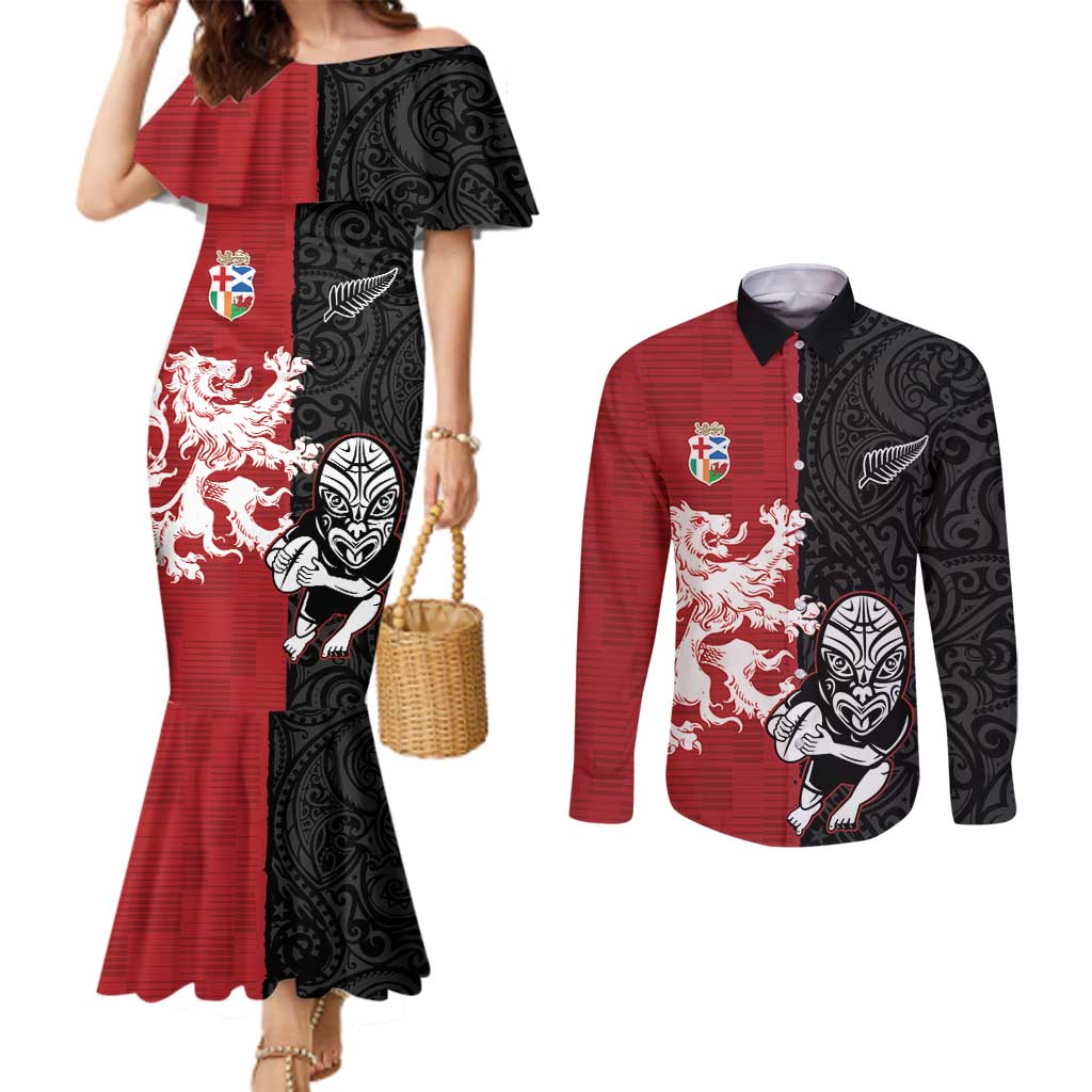 Custom British Lions New Zealand Couples Matching Mermaid Dress and Long Sleeve Button Shirt Unique Style - Polynesian Pride