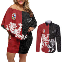 Custom British Lions New Zealand Couples Matching Off Shoulder Short Dress and Long Sleeve Button Shirt Unique Style - Polynesian Pride