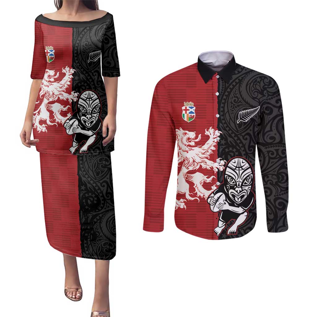 Custom British Lions New Zealand Couples Matching Puletasi and Long Sleeve Button Shirt Unique Style - Polynesian Pride