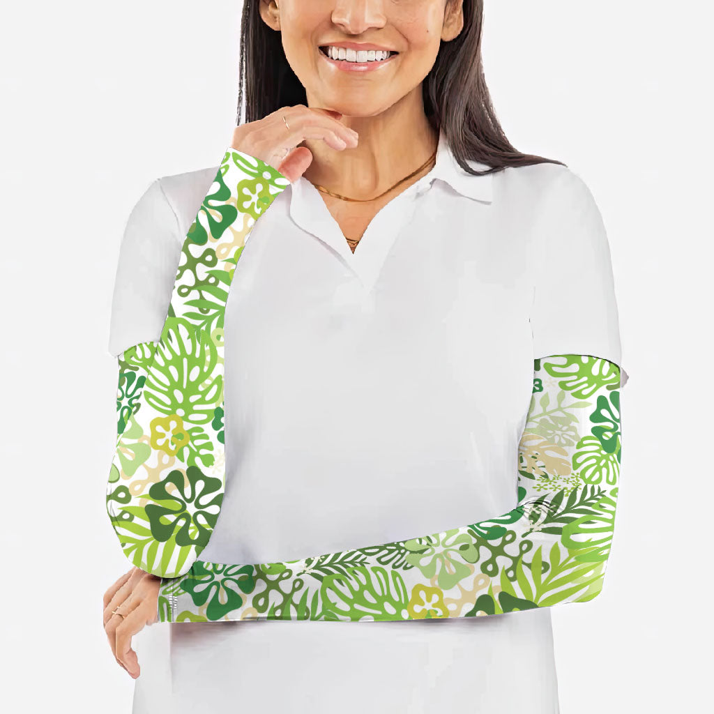 Green Aloha Hawaiian Arm Sleeves Monstera Hibiscus Tropical Pattern