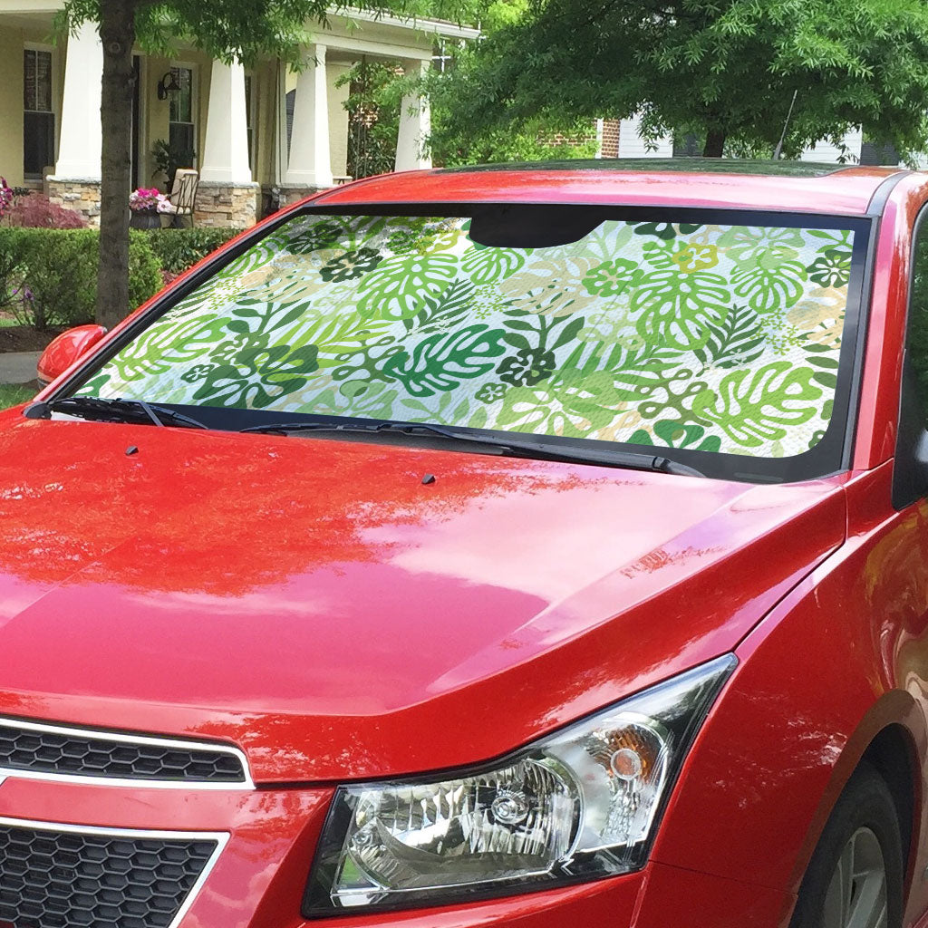 Green Aloha Hawaiian Auto Sun Shade Monstera Hibiscus Tropical Pattern
