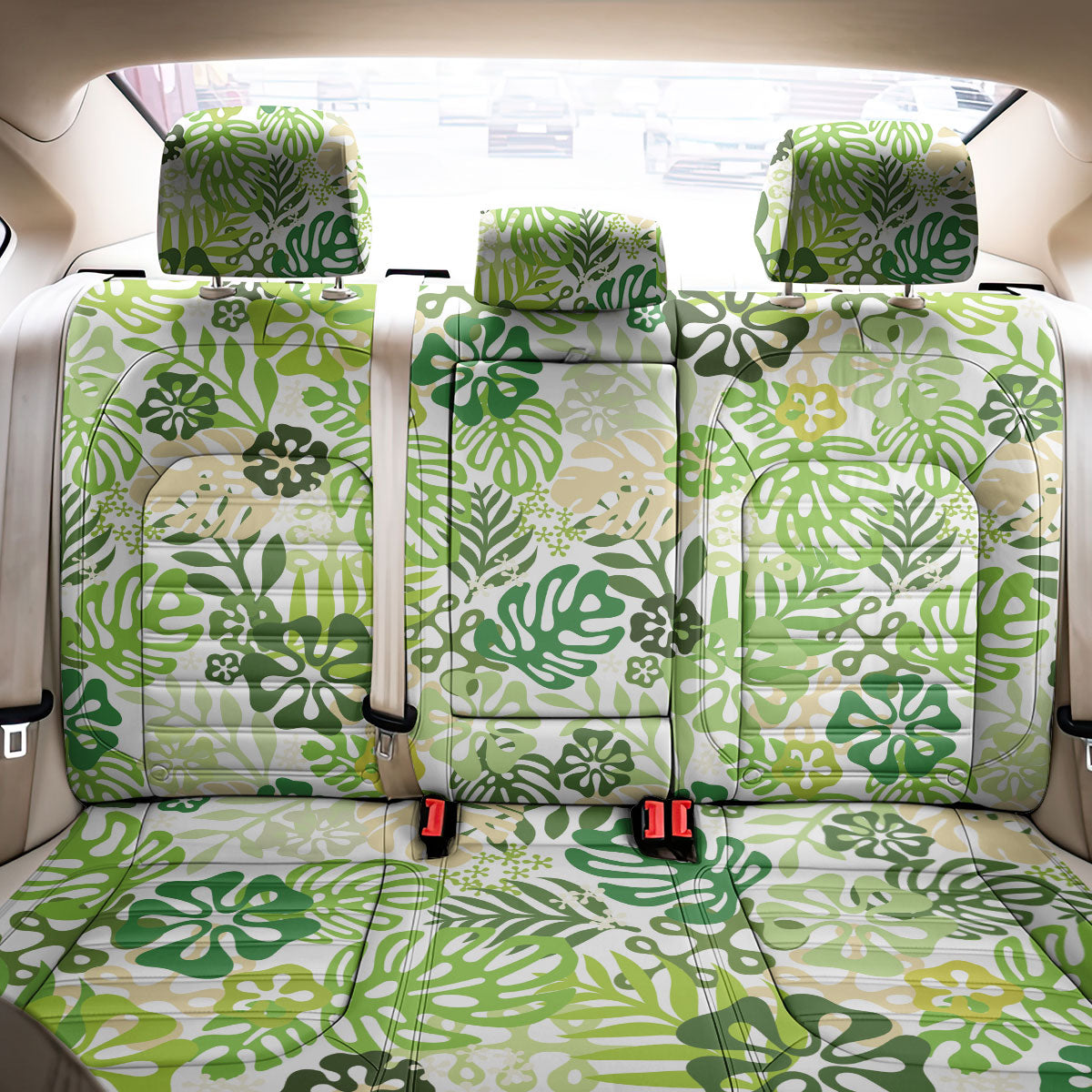 Green Aloha Hawaiian Back Car Seat Cover Monstera Hibiscus Tropical Pattern