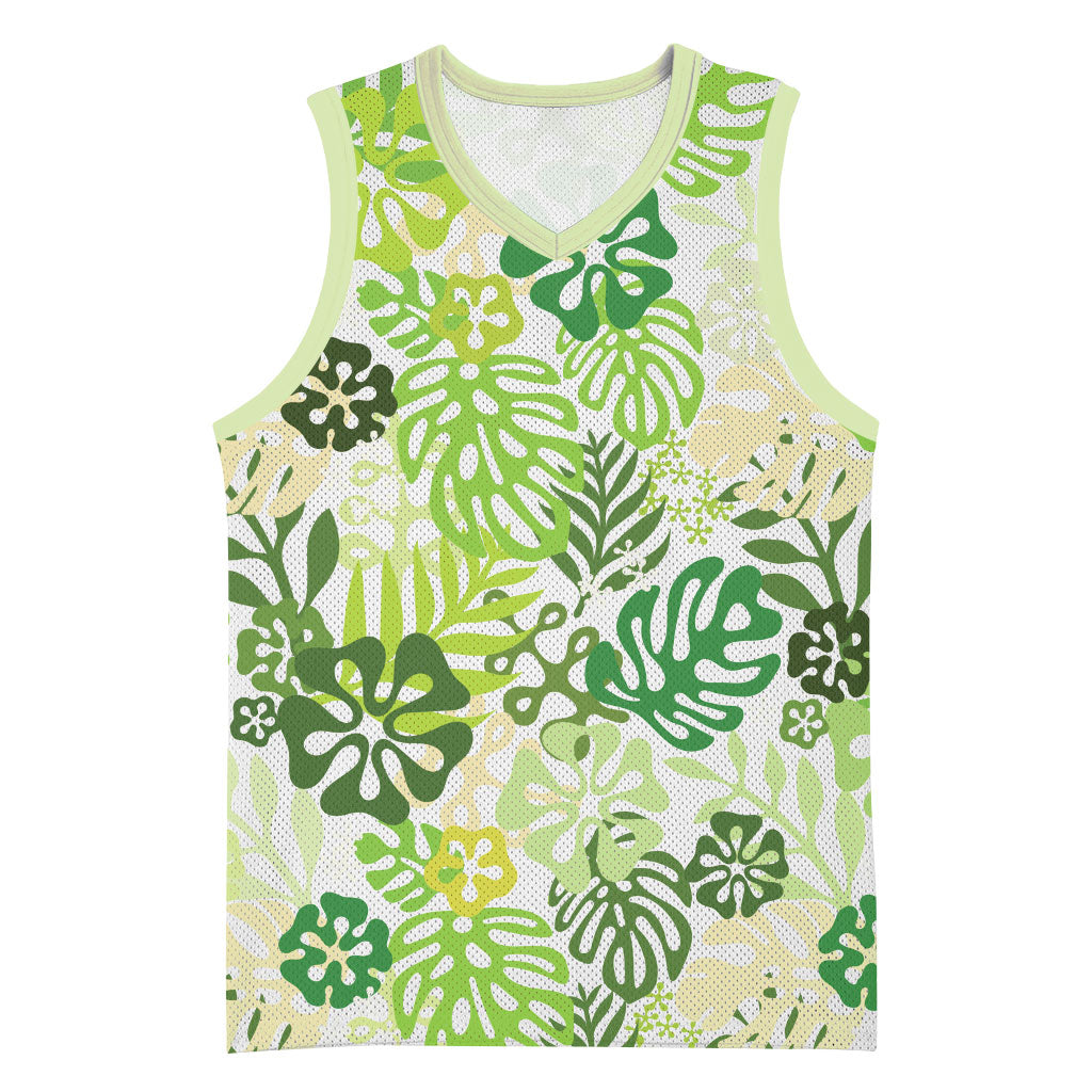 Green Aloha Hawaiian Basketball Jersey Monstera Hibiscus Tropical Pattern