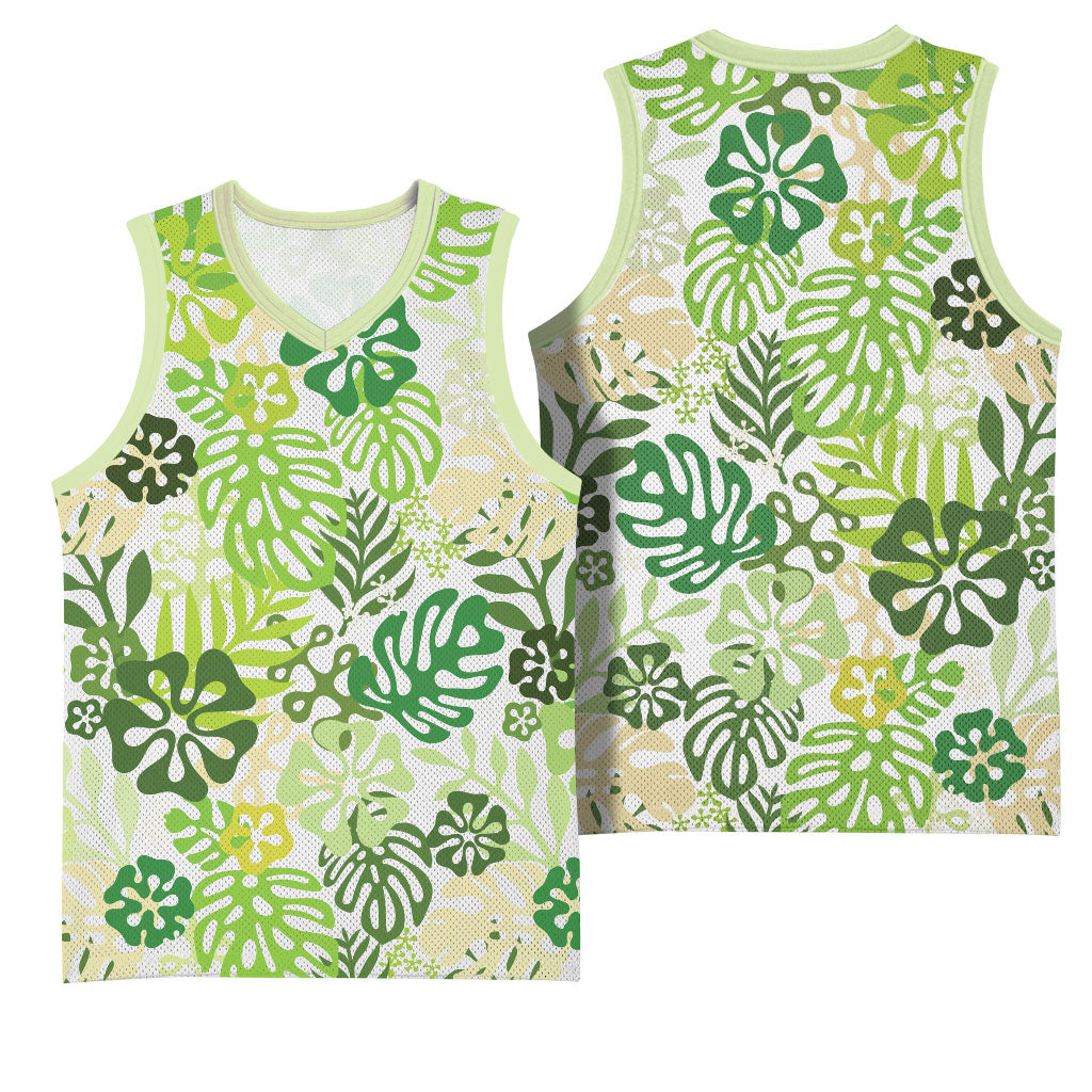 Green Aloha Hawaiian Basketball Jersey Monstera Hibiscus Tropical Pattern