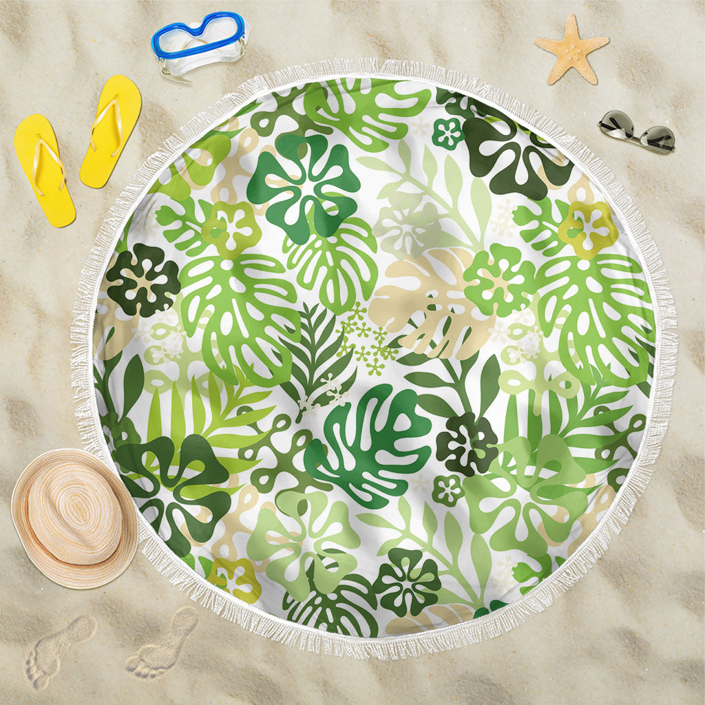 Green Aloha Hawaiian Beach Blanket Monstera Hibiscus Tropical Pattern
