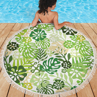 Green Aloha Hawaiian Beach Blanket Monstera Hibiscus Tropical Pattern