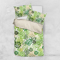 Green Aloha Hawaiian Bedding Set Monstera Hibiscus Tropical Pattern