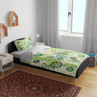 Green Aloha Hawaiian Bedding Set Monstera Hibiscus Tropical Pattern