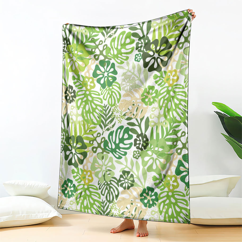 Green Aloha Hawaiian Blanket Monstera Hibiscus Tropical Pattern