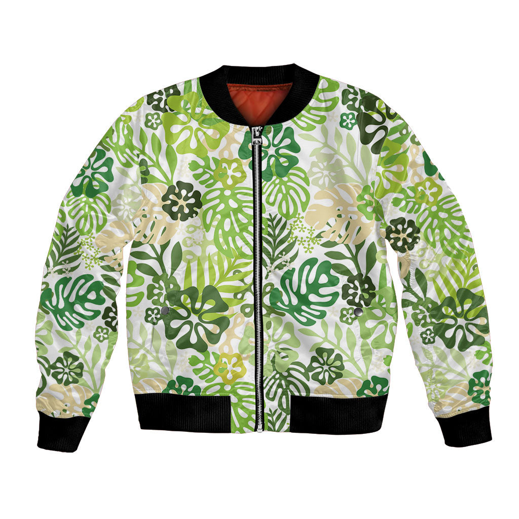 Green Aloha Hawaiian Bomber Jacket Monstera Hibiscus Tropical Pattern