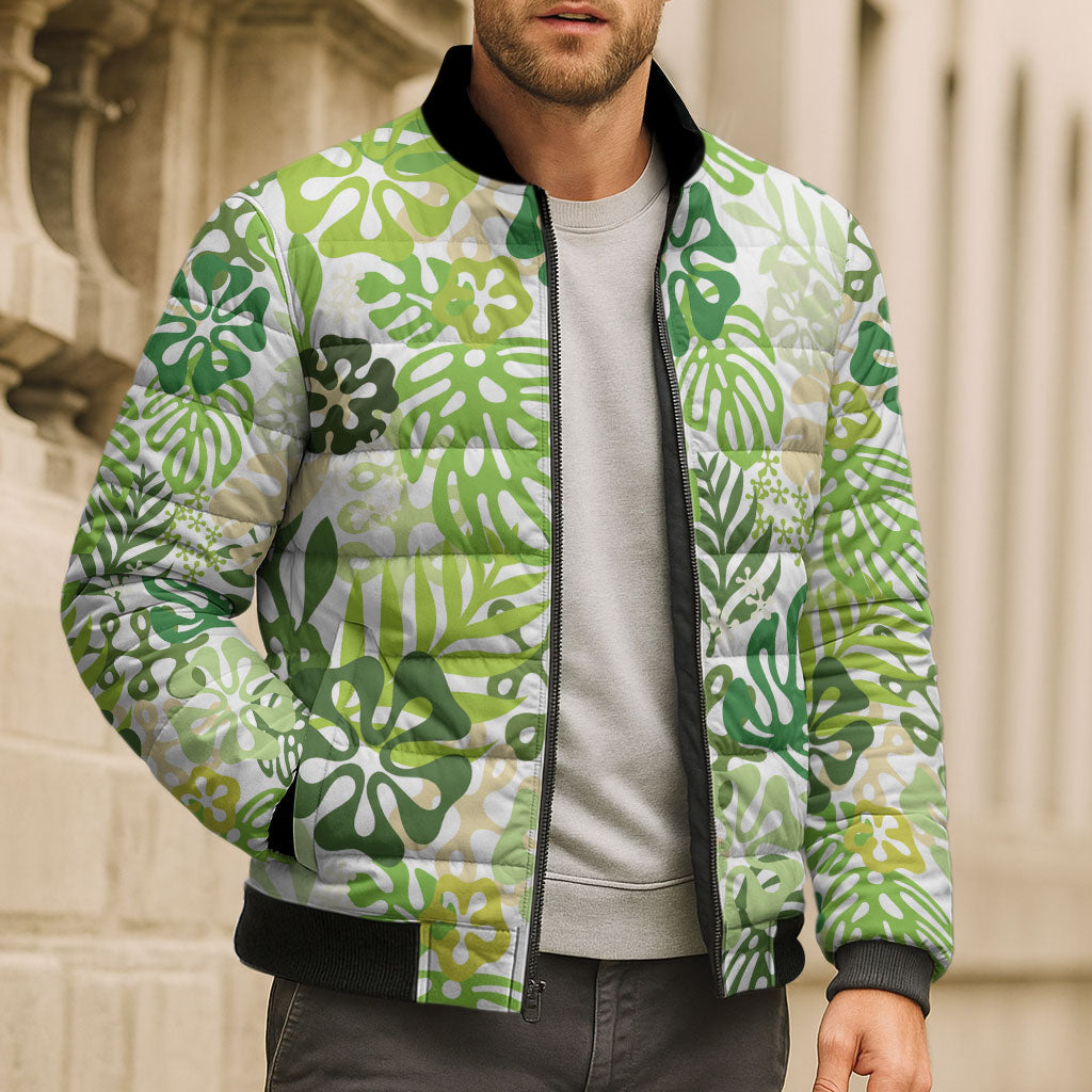 Green Aloha Hawaiian Bomber Puffer Jacket Monstera Hibiscus Tropical Pattern