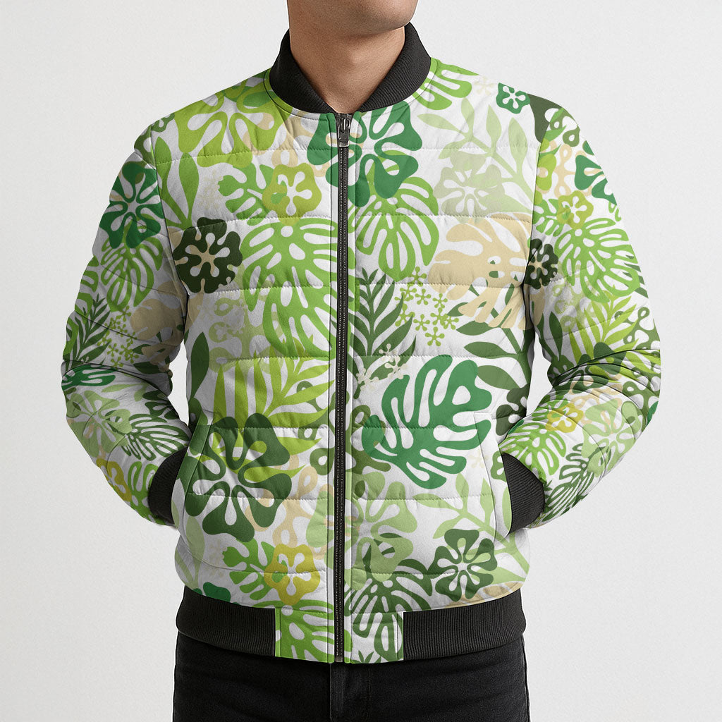 Green Aloha Hawaiian Bomber Puffer Jacket Monstera Hibiscus Tropical Pattern