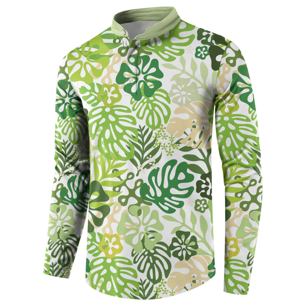 Green Aloha Hawaiian Button Sweatshirt Monstera Hibiscus Tropical Pattern