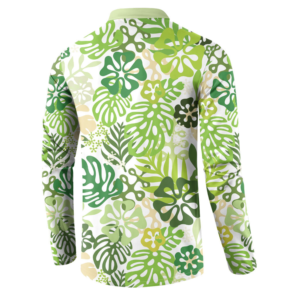 Green Aloha Hawaiian Button Sweatshirt Monstera Hibiscus Tropical Pattern