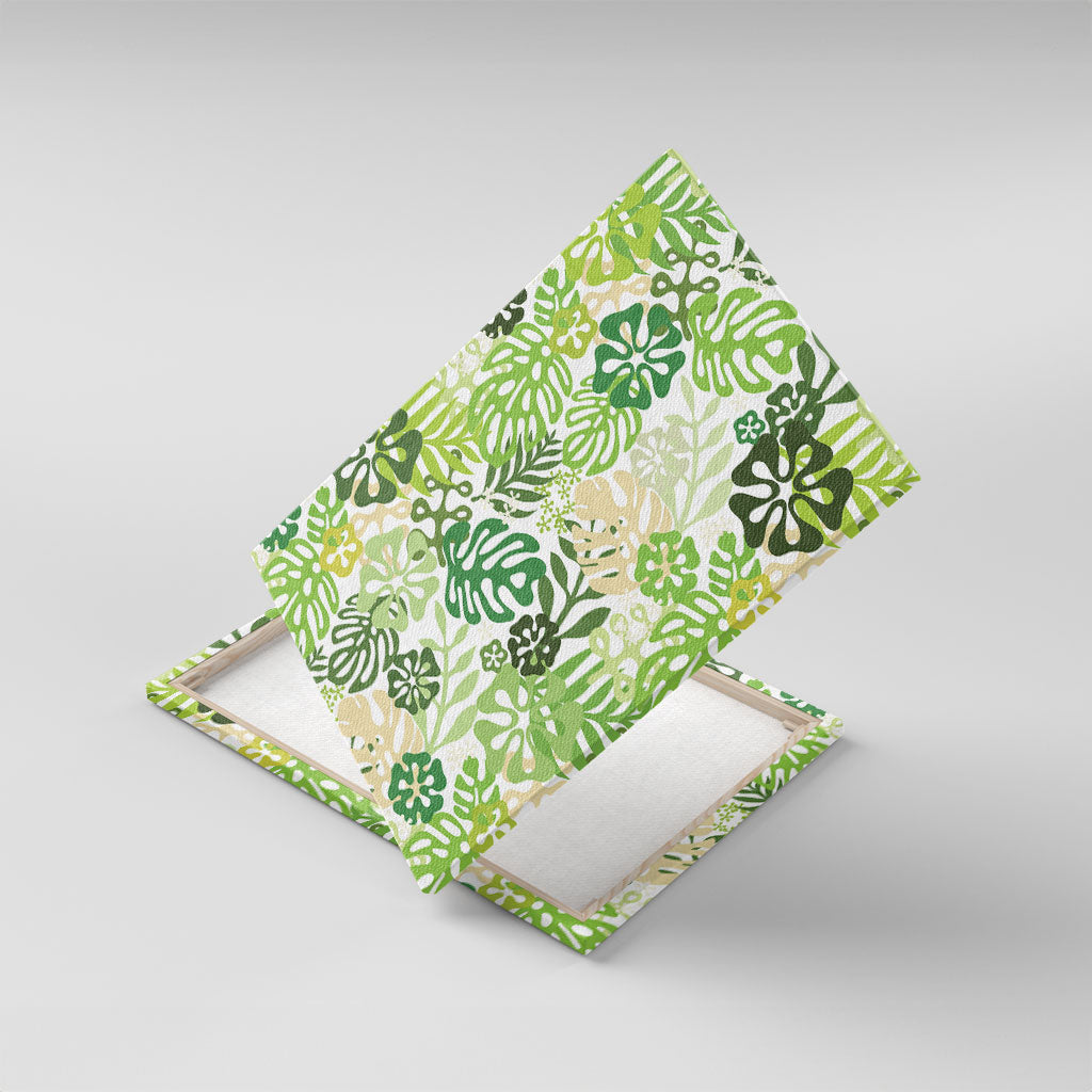 Green Aloha Hawaiian Canvas Wall Art Monstera Hibiscus Tropical Pattern