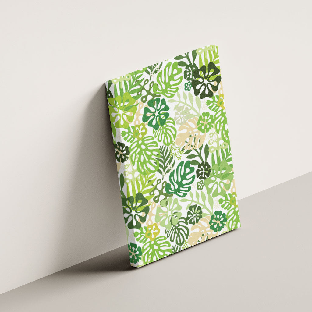 Green Aloha Hawaiian Canvas Wall Art Monstera Hibiscus Tropical Pattern