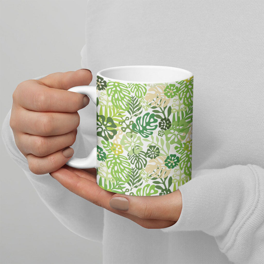 Green Aloha Hawaiian Ceramic Mug Monstera Hibiscus Tropical Pattern