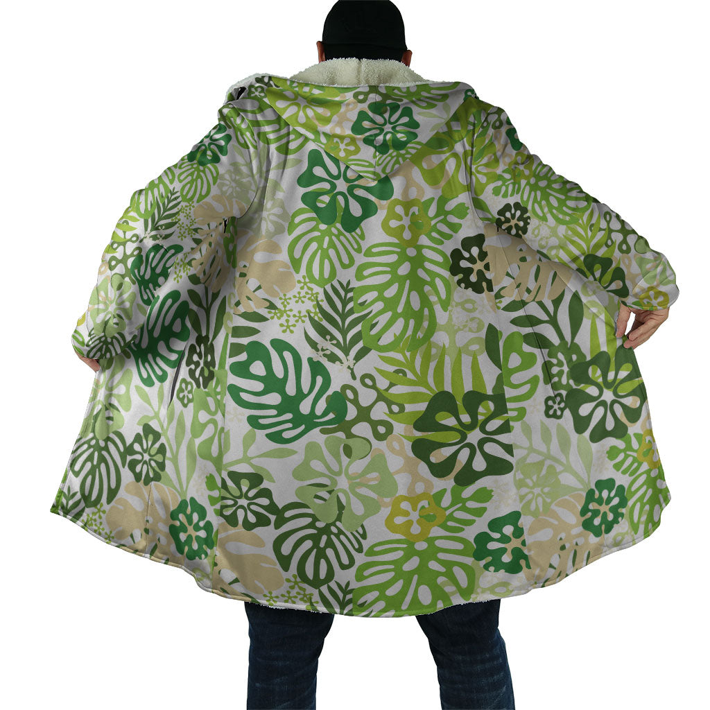 Green Aloha Hawaiian Cloak Monstera Hibiscus Tropical Pattern