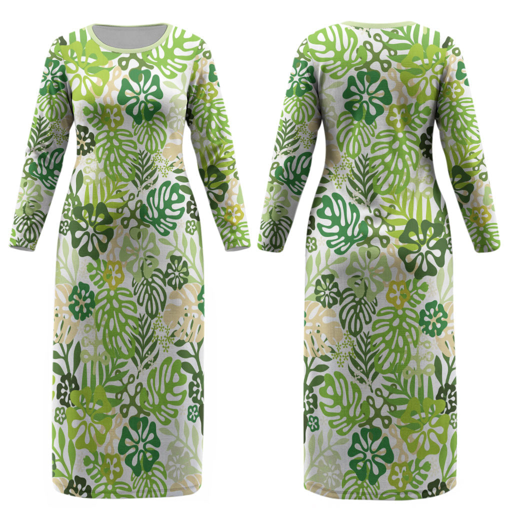 Green Aloha Hawaiian Couples Matching Long Sleeve Bodycon Dress and Hawaiian Shirt Monstera Hibiscus Tropical Pattern