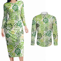 Green Aloha Hawaiian Couples Matching Long Sleeve Bodycon Dress and Long Sleeve Button Shirt Monstera Hibiscus Tropical Pattern