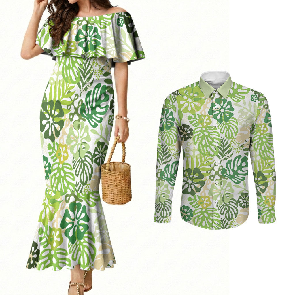 Green Aloha Hawaiian Couples Matching Mermaid Dress and Long Sleeve Button Shirt Monstera Hibiscus Tropical Pattern