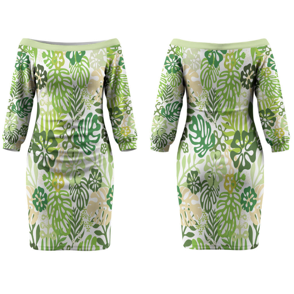 Green Aloha Hawaiian Couples Matching Off The Shoulder Long Sleeve Dress and Long Sleeve Button Shirt Monstera Hibiscus Tropical Pattern
