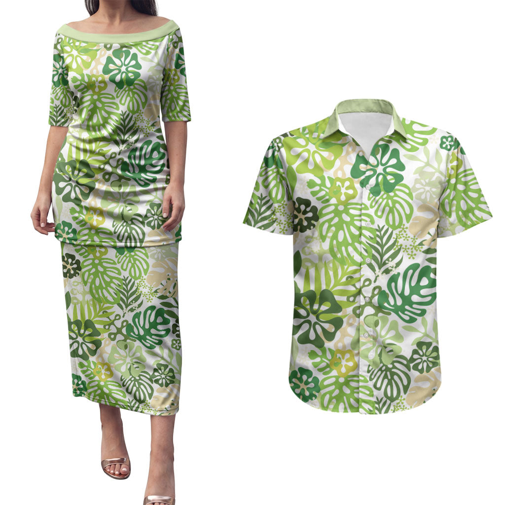 Green Aloha Hawaiian Couples Matching Puletasi and Hawaiian Shirt Monstera Hibiscus Tropical Pattern LT19 Green - Polynesian Pride