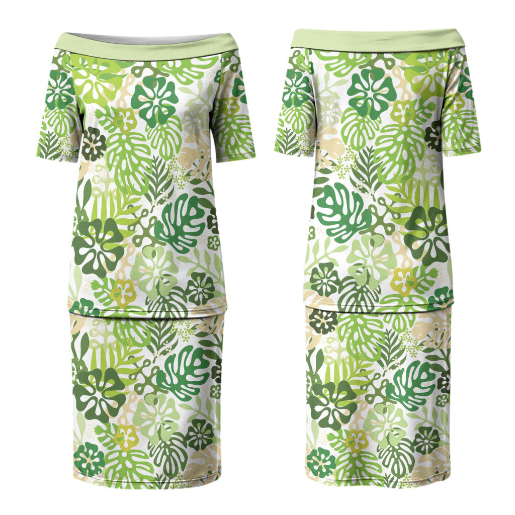 Green Aloha Hawaiian Couples Matching Puletasi and Long Sleeve Button Shirt Monstera Hibiscus Tropical Pattern