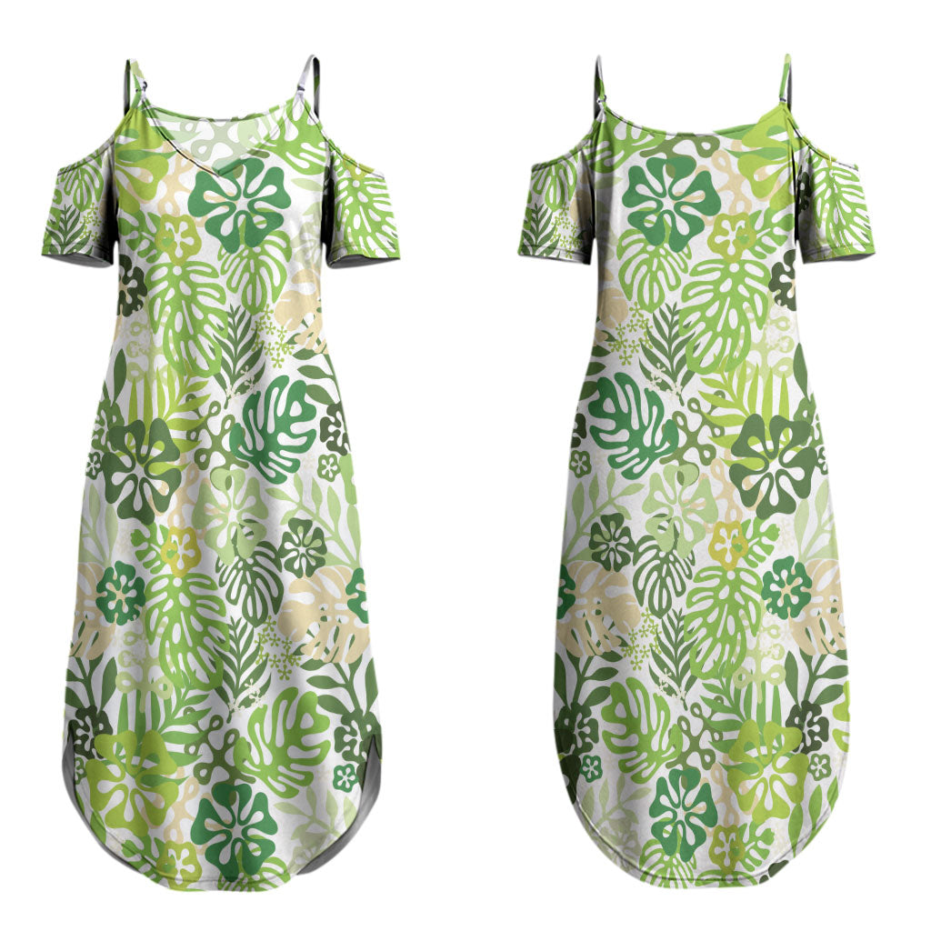 Green Aloha Hawaiian Couples Matching Summer Maxi Dress and Hawaiian Shirt Monstera Hibiscus Tropical Pattern