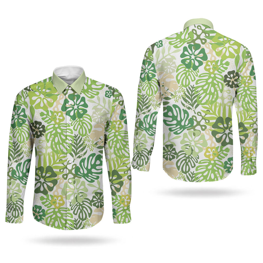 Green Aloha Hawaiian Couples Matching Summer Maxi Dress and Long Sleeve Button Shirt Monstera Hibiscus Tropical Pattern