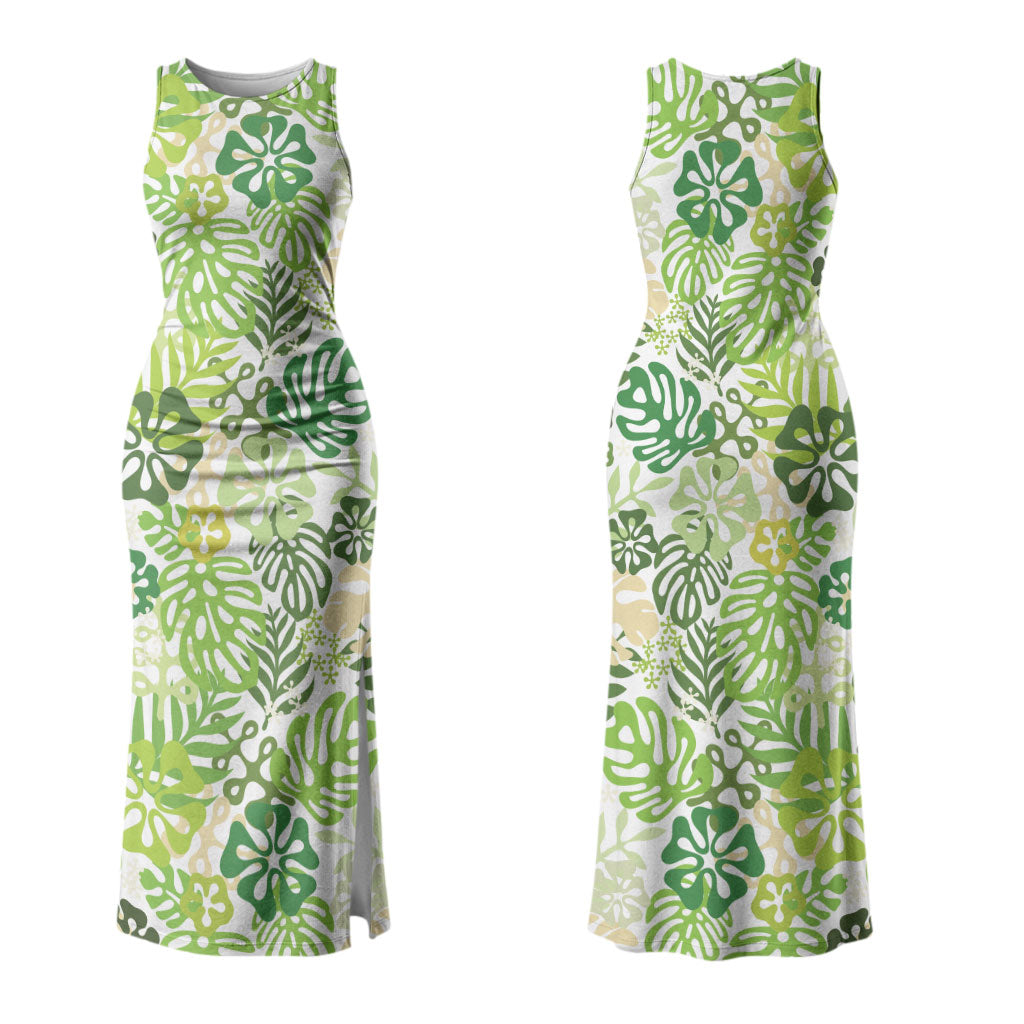 Green Aloha Hawaiian Couples Matching Tank Maxi Dress and Long Sleeve Button Shirt Monstera Hibiscus Tropical Pattern