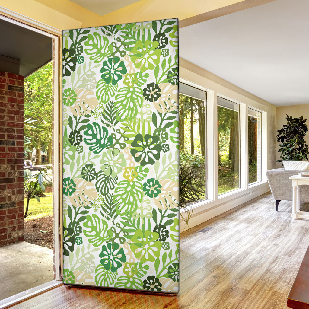 Green Aloha Hawaiian Door Cover Monstera Hibiscus Tropical Pattern