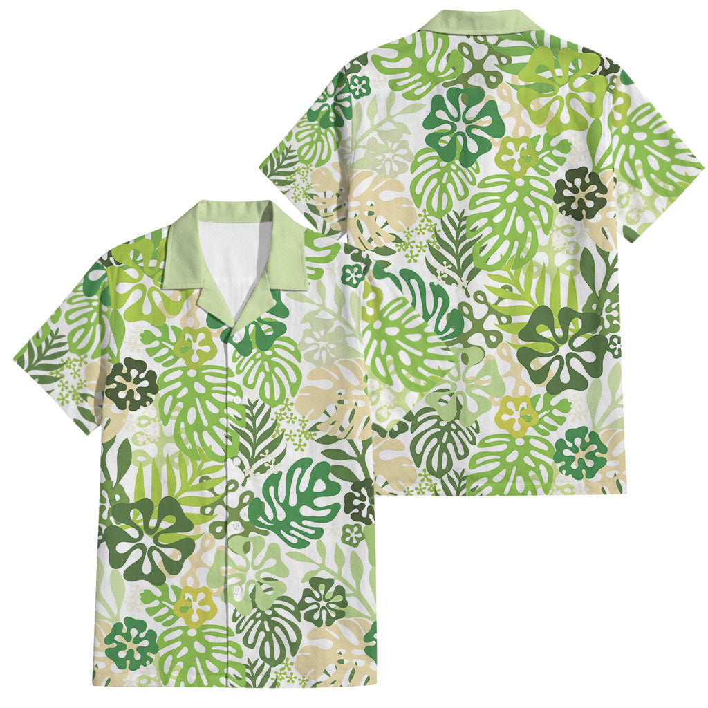 Green Aloha Hawaiian Family Matching Long Sleeve Bodycon Dress and Hawaiian Shirt Monstera Hibiscus Tropical Pattern