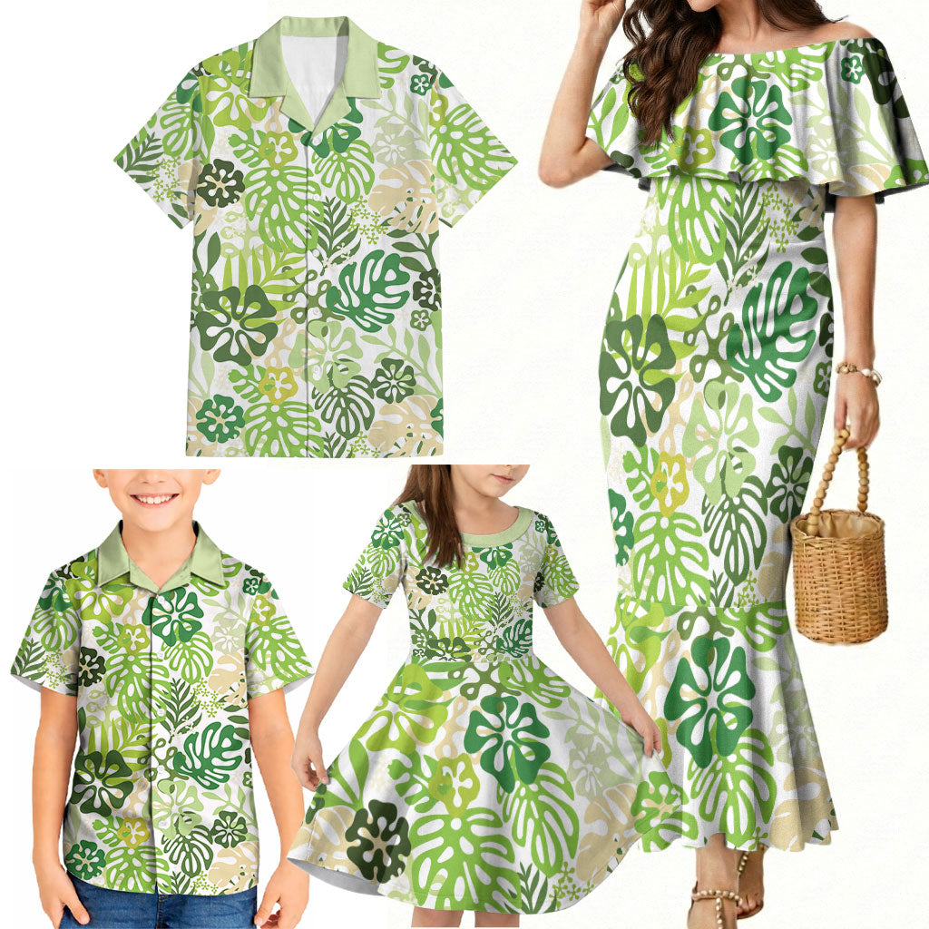 Green Aloha Hawaiian Family Matching Mermaid Dress and Hawaiian Shirt Monstera Hibiscus Tropical Pattern LT19 - Polynesian Pride