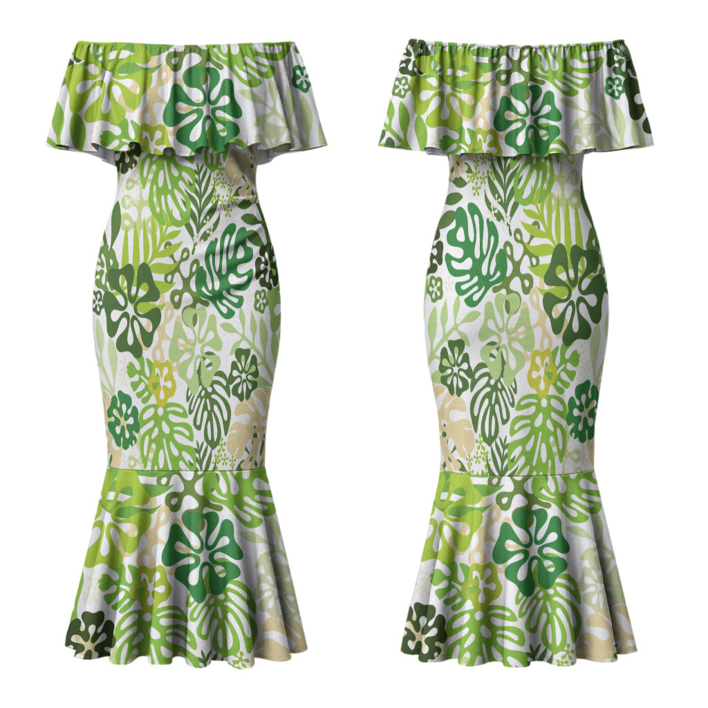 Green Aloha Hawaiian Family Matching Mermaid Dress and Hawaiian Shirt Monstera Hibiscus Tropical Pattern