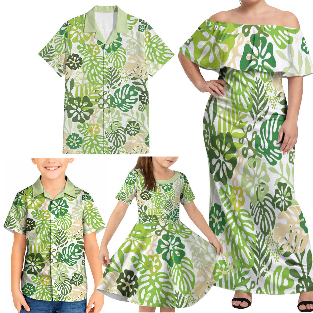 Green Aloha Hawaiian Family Matching Off Shoulder Maxi Dress and Hawaiian Shirt Monstera Hibiscus Tropical Pattern