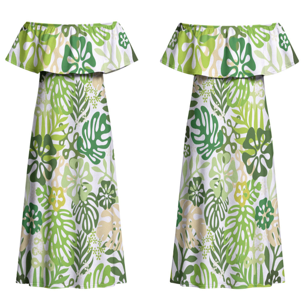 Green Aloha Hawaiian Family Matching Off Shoulder Maxi Dress and Hawaiian Shirt Monstera Hibiscus Tropical Pattern