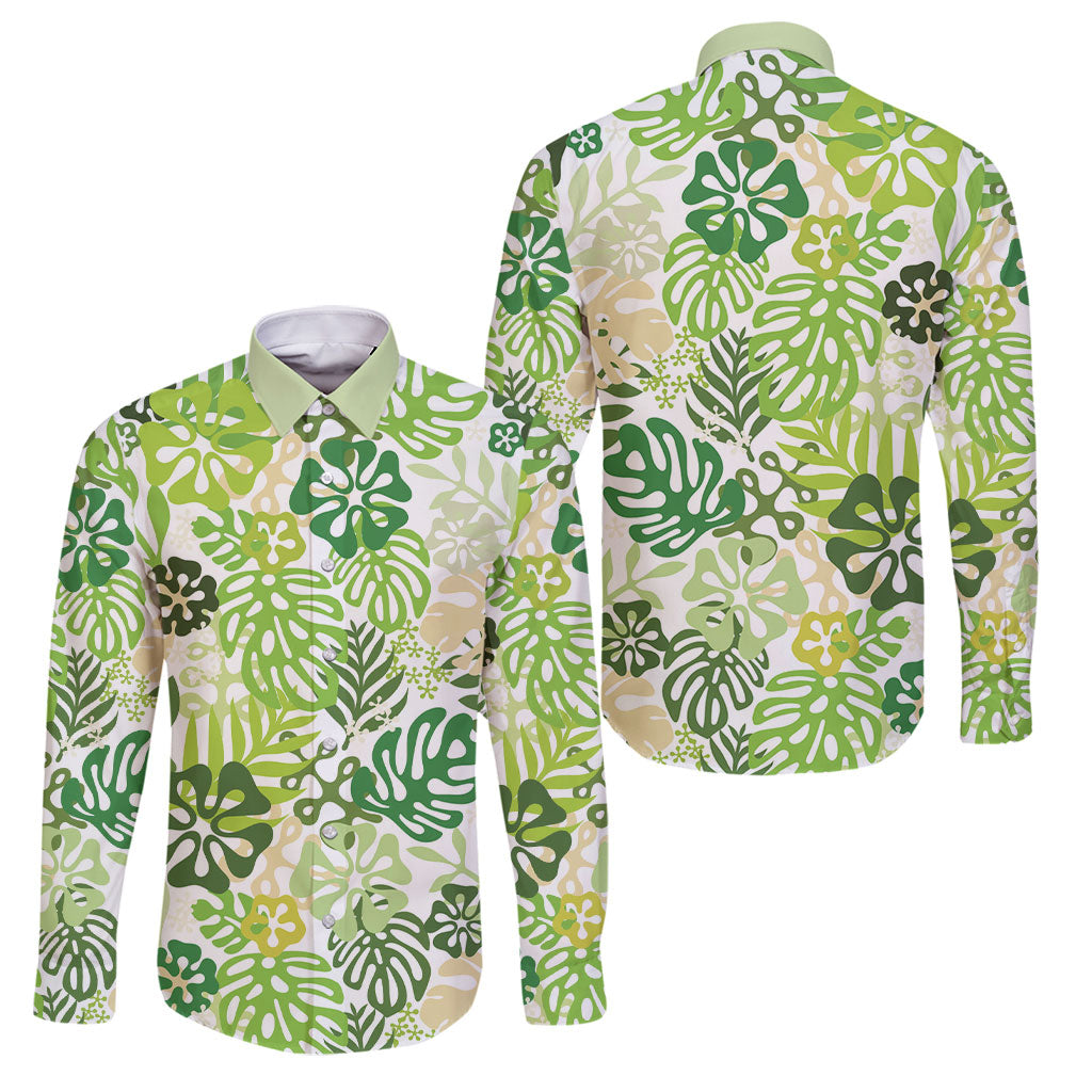 Green Aloha Hawaiian Family Matching Off Shoulder Maxi Dress and Hawaiian Shirt Monstera Hibiscus Tropical Pattern