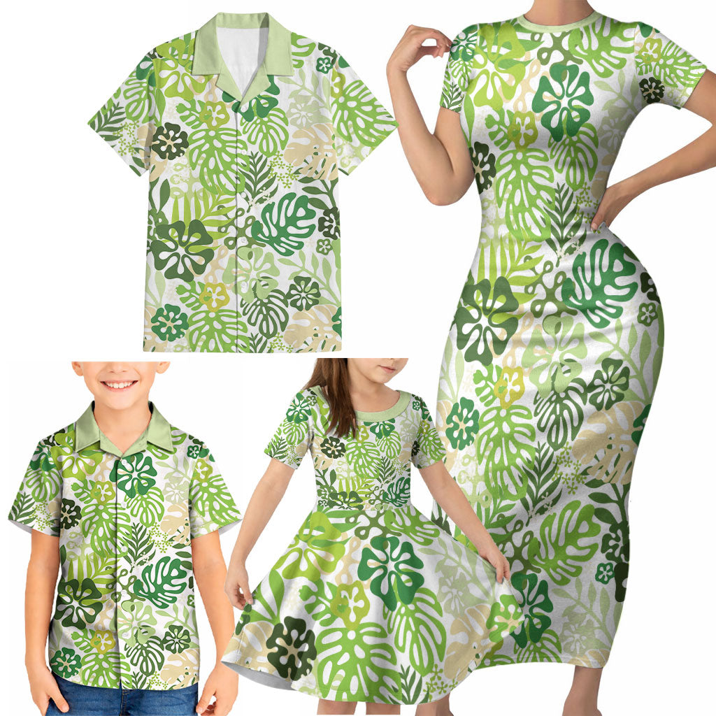 Green Aloha Hawaiian Family Matching Short Sleeve Bodycon Dress and Hawaiian Shirt Monstera Hibiscus Tropical Pattern LT19 - Polynesian Pride