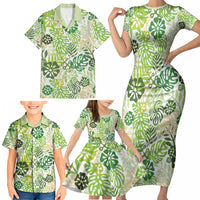 Green Aloha Hawaiian Family Matching Short Sleeve Bodycon Dress and Hawaiian Shirt Monstera Hibiscus Tropical Pattern