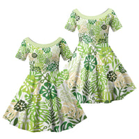 Green Aloha Hawaiian Family Matching Short Sleeve Bodycon Dress and Hawaiian Shirt Monstera Hibiscus Tropical Pattern