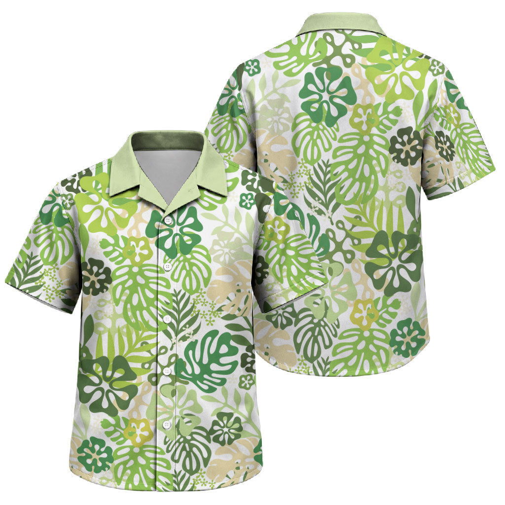 Green Aloha Hawaiian Family Matching Short Sleeve Bodycon Dress and Hawaiian Shirt Monstera Hibiscus Tropical Pattern