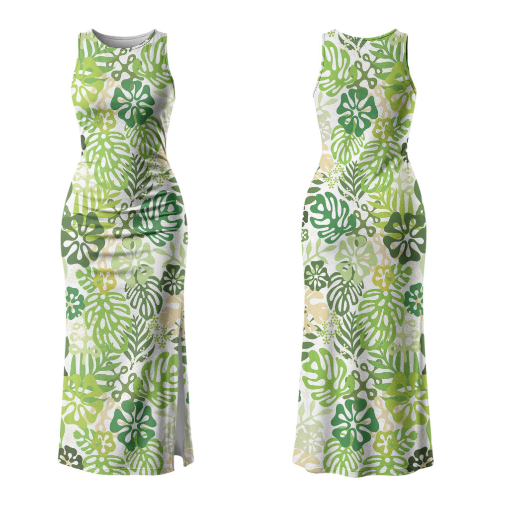 Green Aloha Hawaiian Family Matching Tank Maxi Dress and Hawaiian Shirt Monstera Hibiscus Tropical Pattern