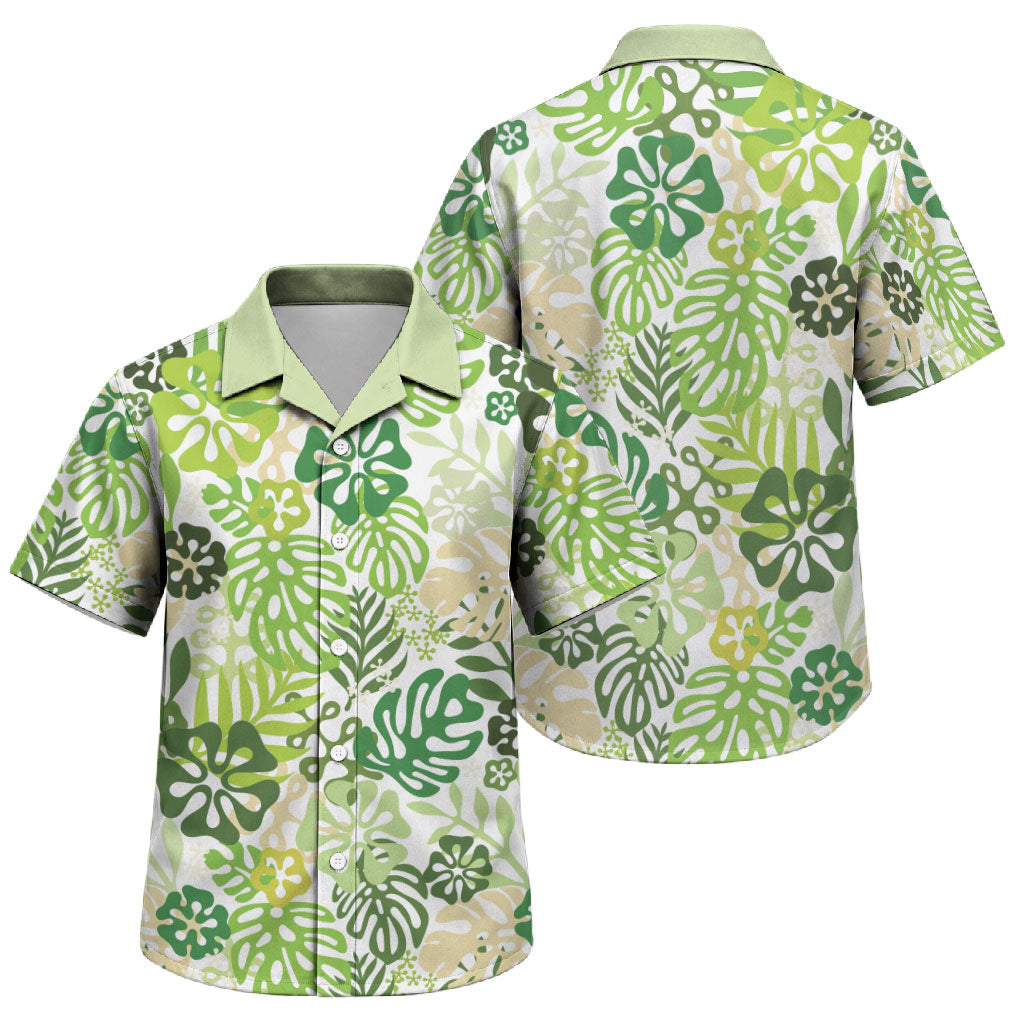 Green Aloha Hawaiian Family Matching Tank Maxi Dress and Hawaiian Shirt Monstera Hibiscus Tropical Pattern