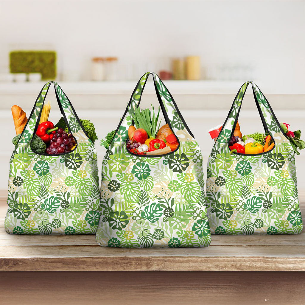 Green Aloha Hawaiian Grocery Bag Monstera Hibiscus Tropical Pattern